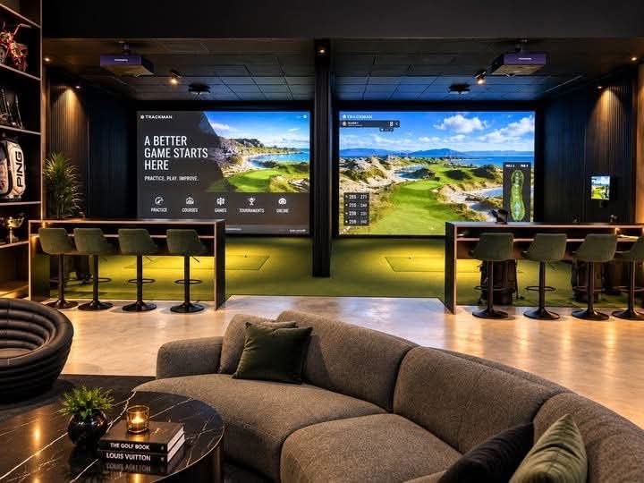 Golfsimulator-lounge med sofaer